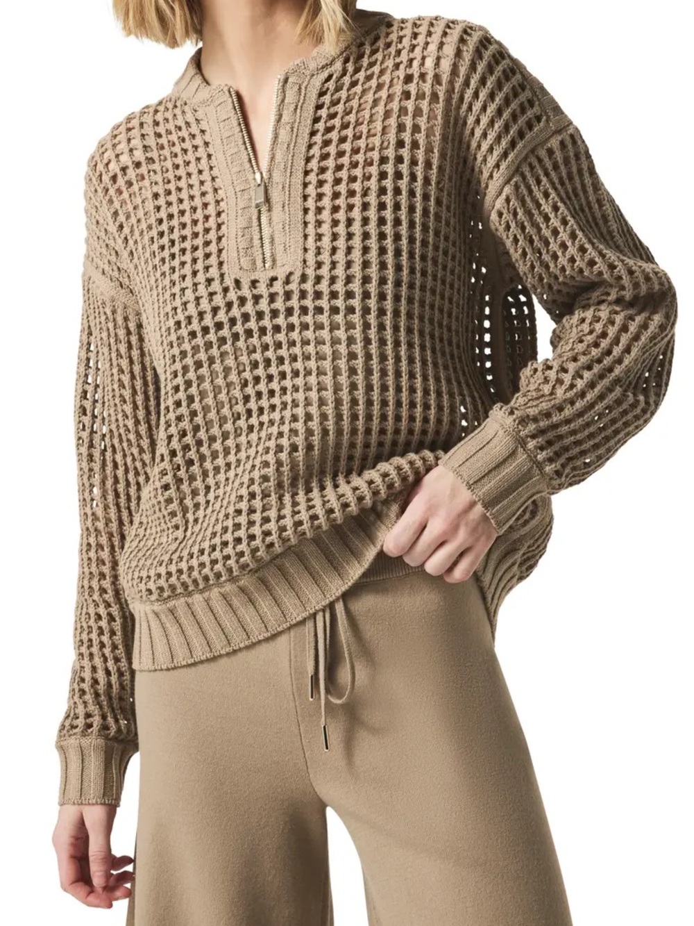 Splendid x Cella Jane Knit Pointelle Crochet Half Zip Sweater. Large.